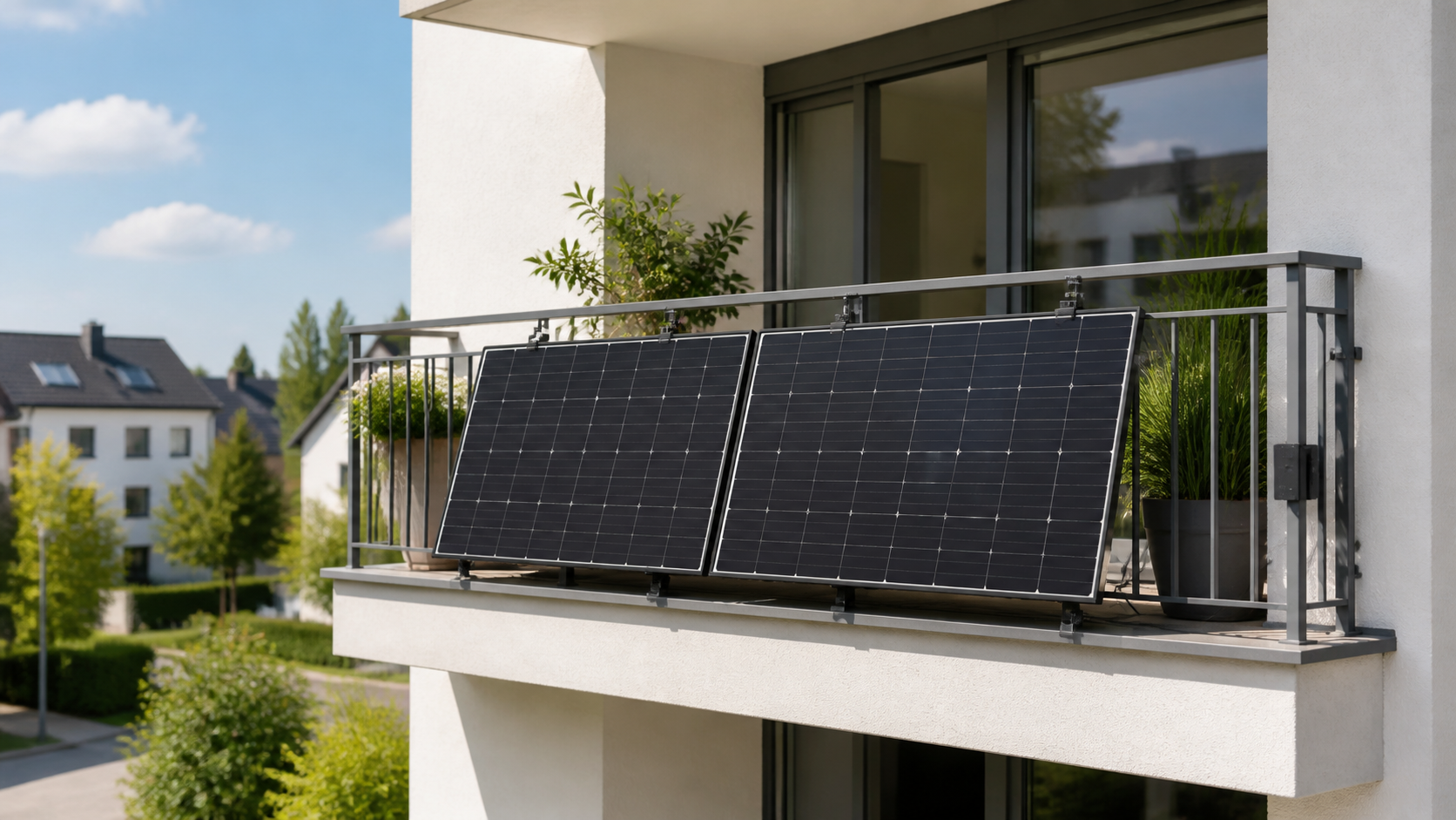 Balkonkraftwerk mit zwei Solarmodulen an einem Balkon